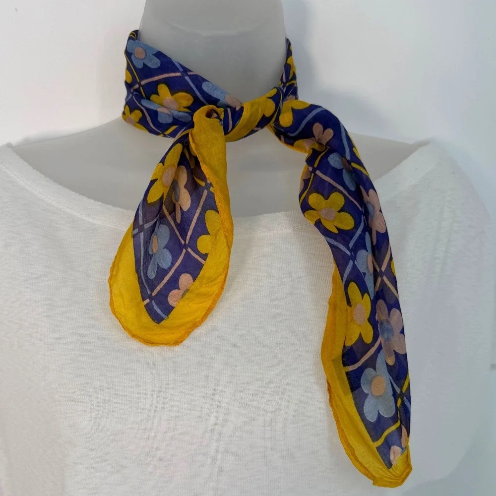Sanfred Silk Scarf Blue Yellow Floral Daisy Grid Square Neckerchief Indie 105-32